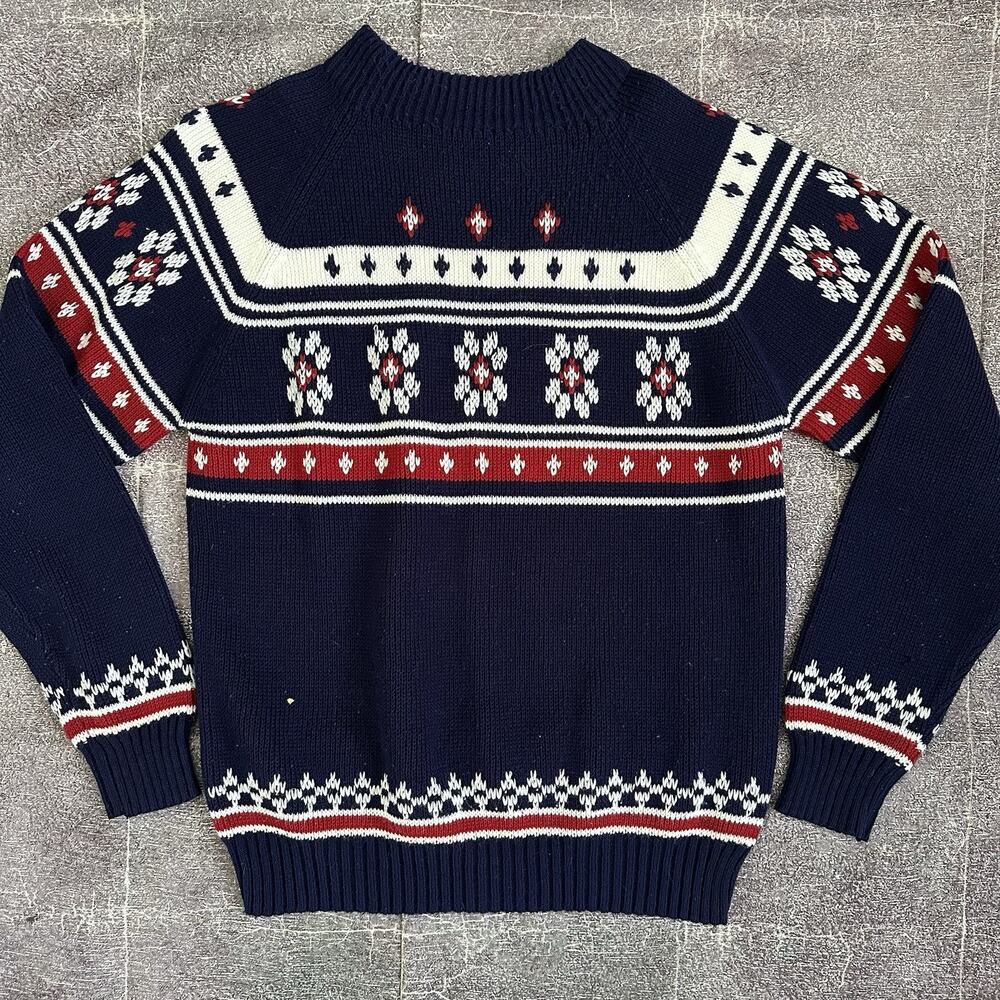 Men's Vintage 70's Navy Blue White Snowflake Acrylic Knit Crewneck Sweater Sz L